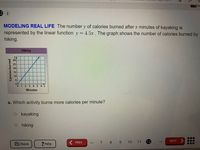 レー
2 i
MODELING REAL LIFE The number y of calories burned after x minutes of kayaking is
represented by the linear function y= 4.5x . The graph shows the number of calories burned by
hiking.
Hiking
yA
30
25
20
15
10
0 1 2 3 45 6x
Minutes
a. Which activity burns more calories per minute?
o kayaking
o hiking
7 8
10
12
NEXT
PREV
Check
? Help
...
...
11
91
Calories burned
