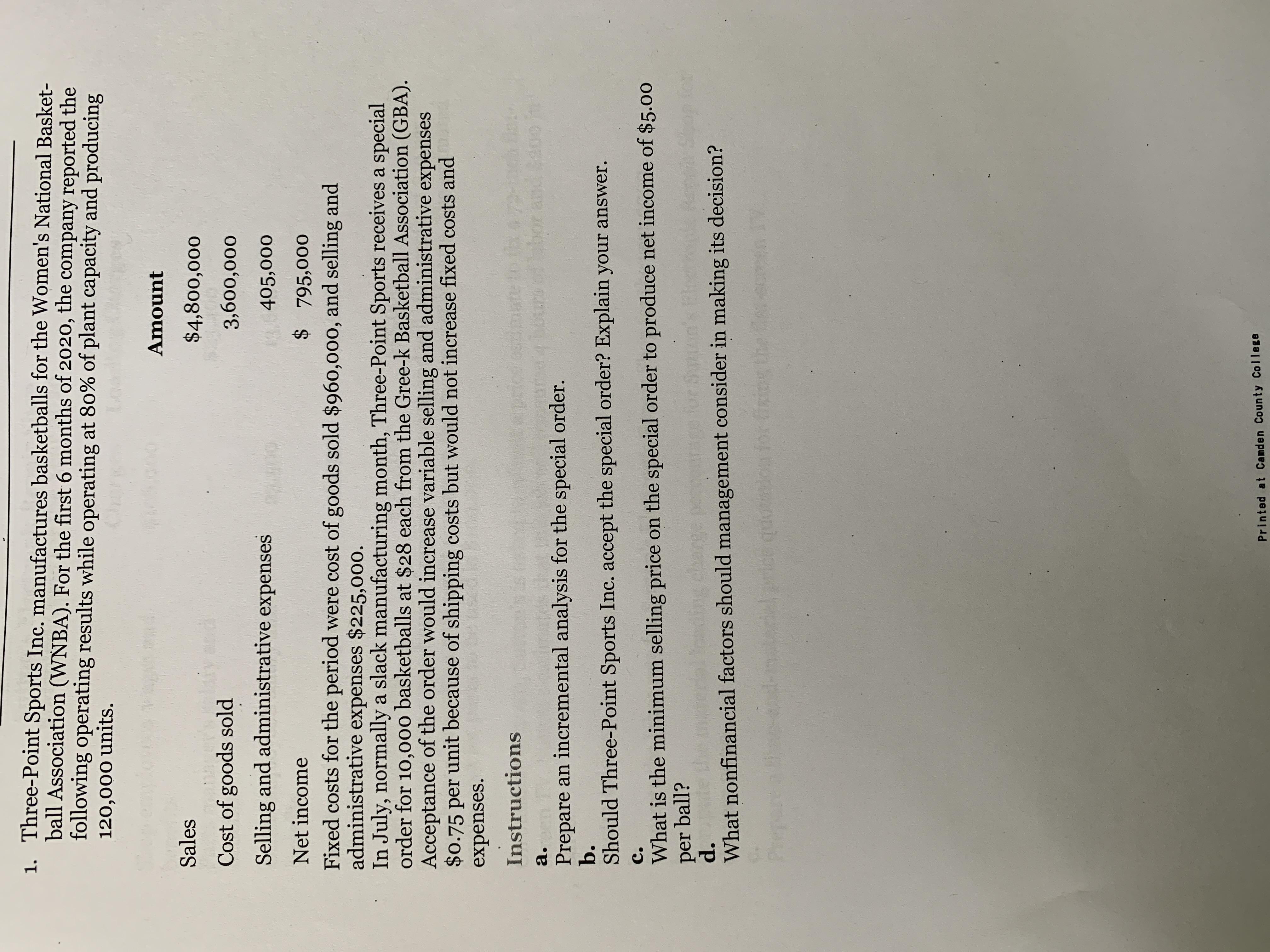 1. Three-Point Sports Inc. manufactures basketballs for the Women's National Basket-
ball Association (WNBA). For the first 6 months of 2020, the company reported the
following operating results while operating at 80% of plant capacity and producing
120,000 units.
Amount
Sales
$4,800,000
बंतरा
Cost of goods sold
3,600,000
Selling and administrative expenses
405,000
Net income
$ 795,000
Fixed costs for the period were cost of goods sold $960,000, and selling and
administrative expenses $225,000.
In July, normally a slack manufacturing month, Three-Point Sports receives a special
order for 10,000 basketballs at $28 each from the Gree-k Basketball Association (GBA).
Acceptance of the order would increase variable selling and administrative expenses
$0.75 per unit because of shipping costs but would not increase fixed costs and
expenses.
Instructions
bbor and a00 in
a.
Prepare an incremental analysis for the special order.
b.
Should Three-Point Sports Inc. accept the special order? Explain your answer.
C.
What is the minimum selling price on the special order to produce net income of $5.00
per ball?
d.
Shop for
for
What nonfinancial factors should management consider in making its decision?
qu
otioa for fixing
Printed at Camden County College
