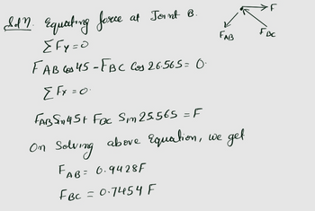 Id". Equating force at Joint B.
{Fy=0
FAB2845-FBC Cos 26.565 = 0·
[Fx = 0·
FAB Sin 4 St FBC S₁25565 = F
On Solving above Equation, we get
FAB= 0.9428F
FBC = 0.7454 F
FAB
FBC