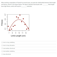 After tracking a population of lizards for several years, you plot the relationship between limb length
and fitness, shown in the figure below. The figure indicates that lizards with
_ limb length
have high fitness, which will result in
selection.
7 8 9
10
11
12
Limb Length (cm)
short or long; stabilizing
O short or long; disruptive
O intermediate; directional
O intermediate; stabilizing
O long; directional
Fitness
0.1
0.3
0.5
0.7
