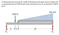 10.) Determine the reactions R1 and R2 of the beam in the figure shown, loaded with
a concentrated load of 1600 lb and a load varying from zero to an intensity of 400 lb
per ft.
400 lb/ft
1600 Ib
3'
12'
R1
R2
