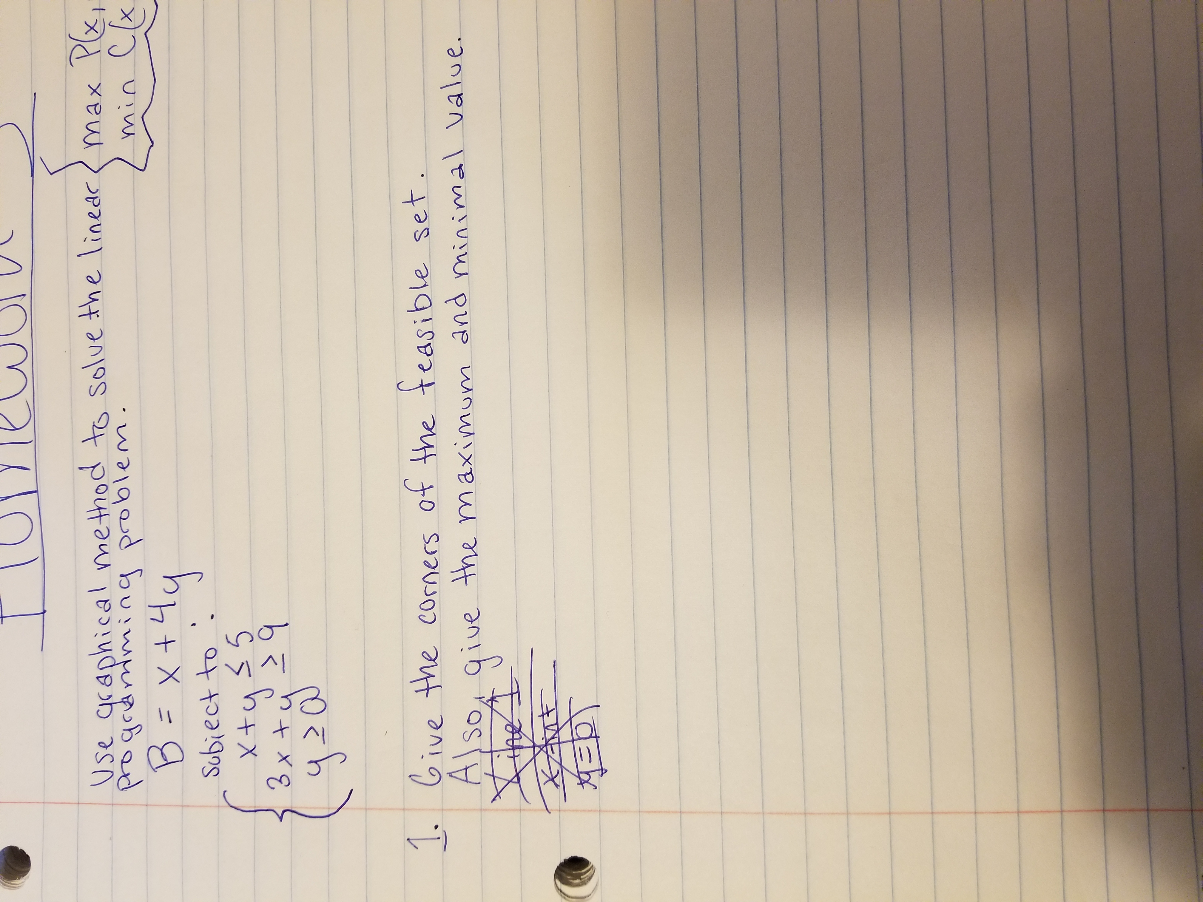 se qaphical method to Solue the lineac
Po ganimin problem
min Cx
Sobiect to
bive the corners of the feasible set
Soqive the maximom and minimal value
