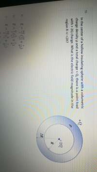 In the center of a hollow insulating sphere with a volumetric
charge densityp and a total charge + Q, there is a point load
with + 2Q charge. What is the electric field magnitude in the
region R <r <2R?
