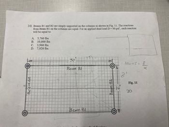 Ⓡ
24) Beams B1 and B2 are simply supported on the columns as shown in Fig. 11. The reactions
from Beam B1 on the columns are equal. For an applied dead load D = 90 psf, each reaction
will be equal to:
A. 5,760 lbs
B.
10,800 lbs
C.
D.
H
BeamBz
3,960 lbs
7,920 lbs
30
Beam Bl
Beam Bl
the following.
Beam B2
AL
16
· tanus = 8.
8₁
Fig. 11
30
colx