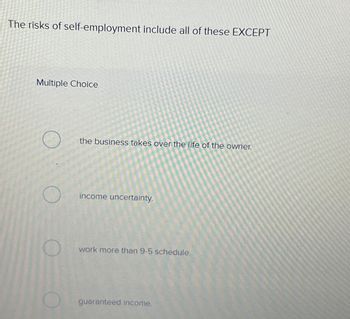 The risks of self-employment include all of these EXCEPT
Multiple Choice
O
the business takes over the life of the owner.
income uncertainty
work more than 9-5 schedule.
guaranteed income.