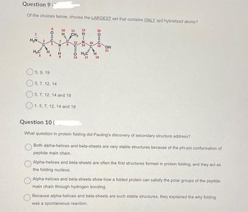 Question 9
Of the choices below, choose the LARGEST set that contains ONLY sp2 hybridized atoms?
H₂N 2
H₂C
5110
H
10 11
7
CH₂
12
15
H
5, 9, 19
5, 7, 12, 14
5, 7, 12, 14 and 19
1, 5, 7, 12, 14 and 19
O H₂C H
13 17
20=69
16
C 19
18
OH
21
Question 10 (
What question in protein folding did Pauling's discovery of secondary structure address?
Both alpha-helices and beta-sheets are very stable structures because of the phi-psi conformation of
peptide main chain.
O
Alpha-helices and beta-sheets are often the first structures formed in protein folding, and they act as
the folding nucleus.
Alpha-helices and beta-sheets show how a folded protein can satisfy the polar groups of the peptide
main chain through hydrogen bonding.
Because alpha-helices and beta-sheets are such stable structures, they explained the why folding
was a spontaneous reaction.