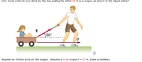 How much work (in J) is done by the boy pulling his sister 26 m in a wagon as shown in the figure below?
30°
d
Assume no friction acts on the wagon. (Assume d = 26 m and F = 37 N. Enter a number.)
