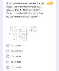 Q2/Chose the correct answer for the
output Q3 of the following circuit (
Assume that A= 110011,B=000011,
C=101111 andD =101011 and the first
bit out from the circuit is bit 0) *
A
B
QI
Q3
CLK
CLK
R
T
Q2
CLK
Q2"
CLK
CLK
Q3=110111
None of them
Q3=100011
Q3=010110
O Q3=110011
