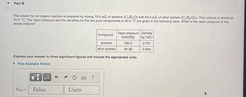 Part B
The solvent for an organic reaction is prepared by mixing 70.0 mL of acetone (C3H6O) with 64.0 mL of ethyl acetate (C4H8O2). This mixture is stored at
25.0 °C. The vapor pressure and the densities for the two pure components at 25.0 °C are given in the following table. What is the vapor pressure of the
stored mixture?
Vapor pressure Density
Compound
(mmHg) (g/mL)
230.0
0.791
95.38
0.900
acetone
ethyl acetate
Express your answer to three significant figures and include the appropriate units.
▸ View Available Hint(s)
Psoln:
HÅ
Units
Value
?