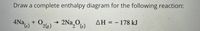 Draw a complete enthalpy diagram for the following reaction:
2Na,O6)
- 178 kJ
ANa)
ΔΗ:
->
2(3)
