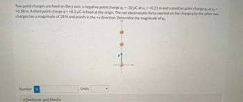 Two point charges are fixed on the y axis: a negative point charge q1 = -32 µC at y₁ = +0.21 m and a positive point charge 92 at y2 =
+0.38 m. A third point charge q = +8.2 µC is fixed at the origin. The net electrostatic force exerted on the charge q by the other two
charges has a magnitude of 28 N and points in the +y direction. Determine the magnitude of 92.
Number i
eTextbook and Media
Units
>
92
4
+X