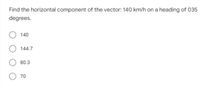 Find the horizontal component of the vector: 140 km/h on a heading of 035
degrees.
140
O 144.7
80.3
70
