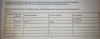 You have a new 10 year Student loan for $14,500.00 that charges an interest rate of 6.35% compounded
monthly. The Amortization Table below shows your activity for the first month's payment.
Fill in The Interest Payment, Principle Payment, and New Balance after you make the second Payment in
Month 2
Payment
%23
Payment
Interest Payment
Principle Payment
New Balance
amount
$14,500.00
1
$163.54
$76.73
$86.81
$14.413.19
2
$163.54
