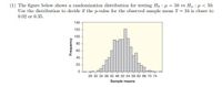 (1) The figure below shows a randomization distribution for testing Ho : H = 50 vs Ha : µ < 50.
Use the distribution to decide if the p-value for the observed sample mean 7 = 34 is closer to
0.02 or 0.35.
140
120
100
80
60
40
20
26 30 34 38 42 46 50 54 58 62 66 70 74
Sample means
Kouanba
