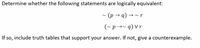 Determine whether the following statements are logically equivalent:
(p → q) → ~ r
I^ (b ~t d ~)
If so, include truth tables that support your answer. If not, give a counterexample.
