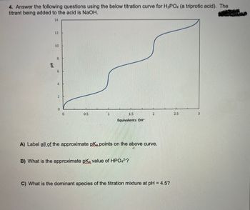 4. Answer the following questions using the below titration curve for H3PO4 (a triprotic acid). The
titrant being added to the acid is NaOH.
14
Hd
12
10
00
6
4
0
0.5
1.5
Equivalents OH™
B) What is the approximate pKa, value of HPO42-?
2
A) Label all of the approximate pka points on the above curve.
C) What is the dominant species of the titration mixture at pH = 4.5?
2.5
3