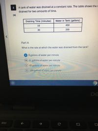 A tank of water was drained at a constant rate. The table shows the r
drained for two amounts of time.
(a)
Draining Time (minutes)
Water in Tank (gallons)
10
450
30
330
Part A
What is the rate at which the water was drained from the tank?
A 6 gallons of water per minute
B 11 gallons of water per minute
c 45 gallons of water per minute
D 120 gallons of water per minute
DE
esc
