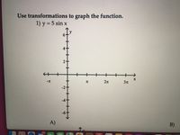 Use transformations to graph the function.
1) y = 5 sin x
2n
3T
-2-
-4
A)
B)
个.
693
FEB
