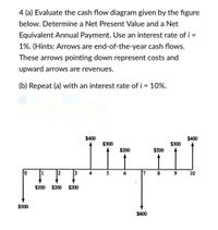 4 (a) Evaluate the cash flow diagram given by the figure
below. Determine a Net Present Value and a Net
Equivalent Annual Payment. Use an interest rate of i =
1%. (Hints: Arrows are end-of-the-year cash flows.
These arrows pointing down represent costs and
upward arrows are revenues.
(b) Repeat (a) with an interest rate of i = 10%.
$400
$400
$300
$300
$200
$200
1
2
3
5
6.
7
8
$200
$200
$200
$500
$600
10
