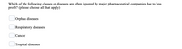 Which of the following classes of diseases are often ignored by major pharmaceutical companies due to less
profit? (please choose all that apply)
Orphan diseases
Respiratory diseases
Cancer
Tropical diseases

