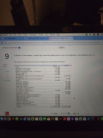 gle Chrome
File
Edit View
History
Bookmarks Profiles Tab
Window Help
Gbjs-Google Search
x QuickLaunchSSO :: Single Siç x
M Question 9 Chapter 3 Home X +
ezto.mheducation.com/ext/map/index.html?_con=con&external_browser=0&launchUrl=https%253A%252F%252Fbb.mwcc.edu%252Fwe...
Chapter 3 Homework
Saved
9
22.42
points
PICNICI SAM (Miyu riepany mancial Statements Home adjusted Liai valatice L
The adjusted trial balance for Chiara Company as of December 31 follows.
Cash
Debit
Credit
eBook
Ask
Print
References
Accounts receivable
Interest receivable.
Notes receivable (due in 90 days)
Office supplies
Automobiles
Accumulated depreciation-Automobiles
Equipment
Accumulated depreciation-Equipment
Land
Accounts payable
$ 225,200
52,000
20,000
171,000
17,000
174,000
$ 85,000
136,000
86,000
27,000
101,000
Interest payable
20,000
Salaries payable
19,000
Unearned revenue
46,000
Long-term notes payable
150,000
R. Chiara, Capital
335,800
R. Chiara, Withdrawals
45,000
Services revenue
Interest revenue
544,000
20,000
Depreciation expense-Automobiles
25,500
Depreciation expense-Equipment
19,000
Salaries expense
182,000
Wages expense
41,000
Interest expense
Office supplies expense
Advertising expense
Repairs expense-Automobiles
Totals
33,400
34,000
59,500
27,200
$ 1,347,800
$ 1,347,800
Mc
Graw
Hill
MAY
30
< Prev
9 of 10
Next >
tv NO
AC Aa