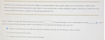 Clancy's car was relatively unharmed by the collision but required $800 in minor repairs; Hilary's car was destroyed, making Clancy
liable for paying the $9,300 replacement value. Hilary's car was pushed onto a nearby sidewalk on impact, destroying a nearby lawn and
causing additional damage to a parked car. This damage totaled $7,254.
Clancy's liability coverage also will reimburse him for up to $
in property damage, so he is responsible for paying
pocket in property liability damages. Which of the following is true regarding the damage to his own car?
It will be reimbursed up to the difference between his liability coverage and the damage to other property.
O It is not covered under his policy.
O It will be reimbursed fully, minus the $100 deductible.
out-of-