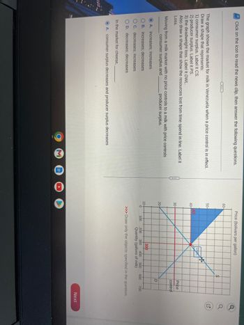 Click on the icon to read the news clip, then answer the following questions.
The graph shows the market for milk in Venezuela when a price control is in effect.
Draw a shape that represents:
1) consumer surplus. Label it CS.
2) producer surplus. Label it PS.
3) the deadweight loss. Label it DWL.
Also draw a shape that show the resources lost from time spend in line. Label it
Loss.
Moving from a milk market with no price controls to a milk with price controls
consumer surplus and
producer surplus.
OA. increases; increases
OB. increases; decreases
OC. decreases; increases
OD. decreases; decreases
In the market for cheese,
OA. consumer surplus decreases and producer surplus decreases
60-
50-
40-
30
20-
10-
Price (bolivars per gallon)
0
40
$
300
200 300 400 500 600 700
Quantity (gallons of milk)
>>> Draw only the objects specified in the question.
100
Price
control
D
Next
SOU