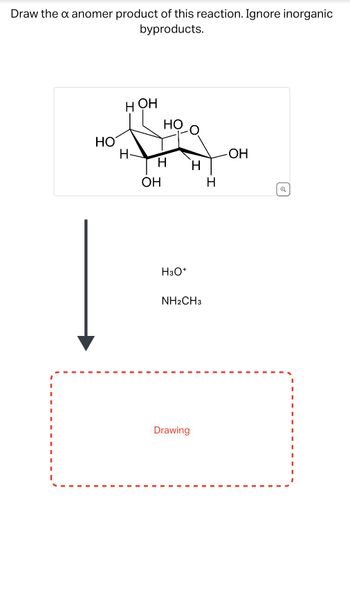 Draw the x anomer product of this reaction. Ignore inorganic
byproducts.
HOH
HỌ
HO
H-
-OH
H
OH
H
H3O+
NH2CH3
Drawing
Q