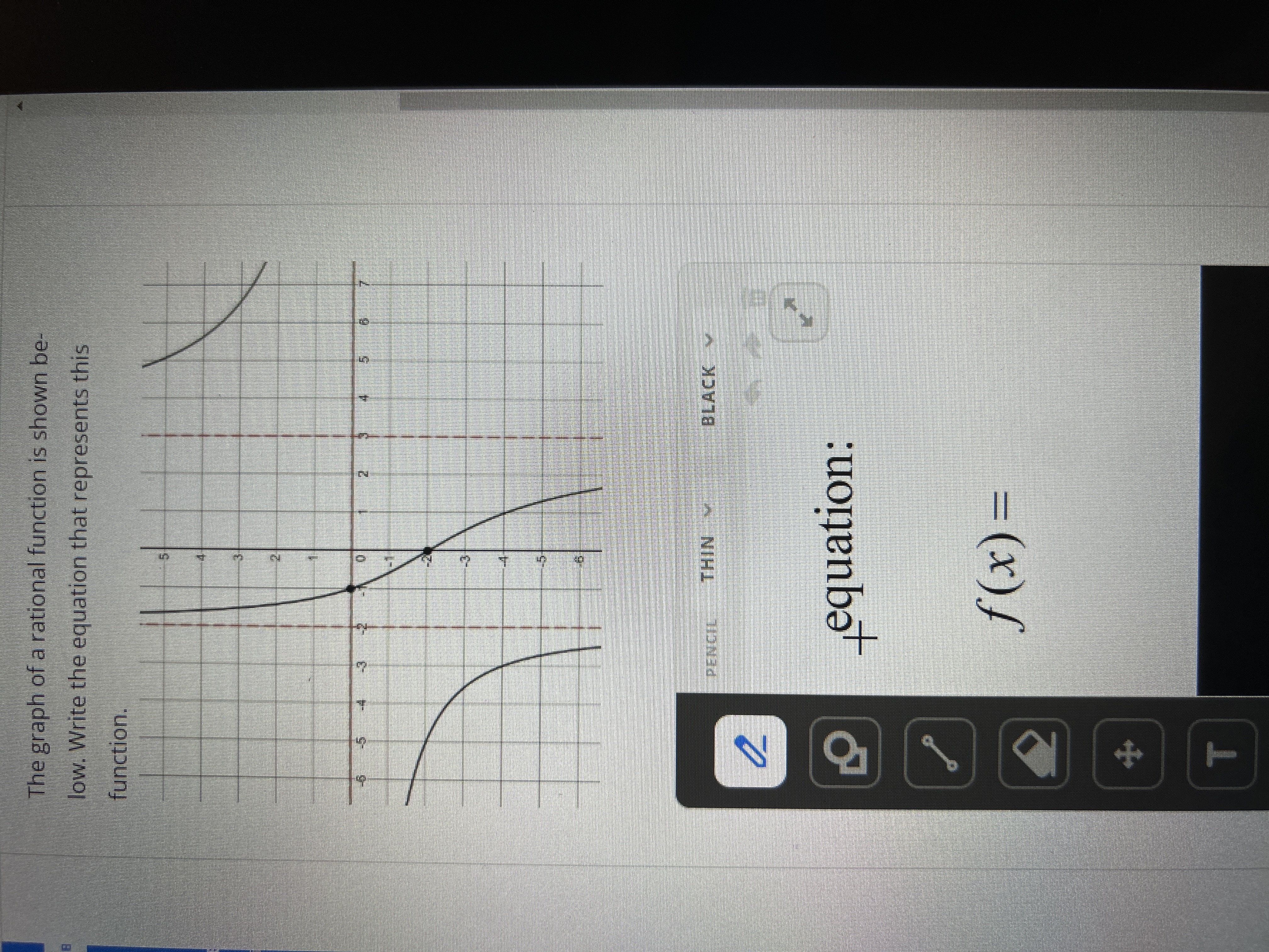 8
The graph of a rational function is shown be-
low. Write the equation that represents this
function.
9
5
2
외
q
I
T
T
7
15
63
-3
T
-4-
PENCIL THIN 17
equation:
f(x) =
4
5
BLACK
1