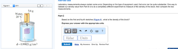 Figure 4
of 4
Water,
20 °C
5.6 g
d = 0.99821 g/cm³
Alternate data
Laboratory measurements always contain some error. Depending on the type of equipment used, that error can be quite substantial. One way to
validate our density value from Part B is to do a completely different experiment to measure of the density of the block, then compare the two
measurements.
Part C
Based on the first and fourth sketches (Figure 4), what is the density of the block?
Express your answer with the appropriate units.
μA
Value
↑
Units
?
Submit Hints My Answers Give Up Review Part
OI