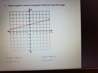 1. Which equation matches the graph? (Click me to see the image)
6-54
a) y = -1/4x + 2
O b) y = 1/4x + 2
C) y = 1x + 4
O d) y = 4x + 2
