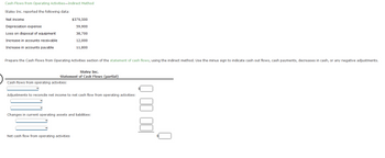 Cash Flows from Operating Activities-Indirect Method
Staley Inc. reported the following data:
Net income
Depreciation expense
Loss on disposal of equipment
Increase in accounts receivable
Increase in accounts payable
Prepare the Cash Flows from Operating Activities section of the statement of cash flows, using the indirect method. Use the minus sign to indicate cash out flows, cash payments, decreases in cash, or any negative adjustments.
$379,500
59,900
38,700
12,000
11,800
Staley Inc.
Statement of Cash Flows (partial)
Cash flows from operating activities:
Adjustments to reconcile net income to net cash flow from operating activities:
Changes in current operating assets and liabilities:
Net cash flow from operating activities
Q00 00
0