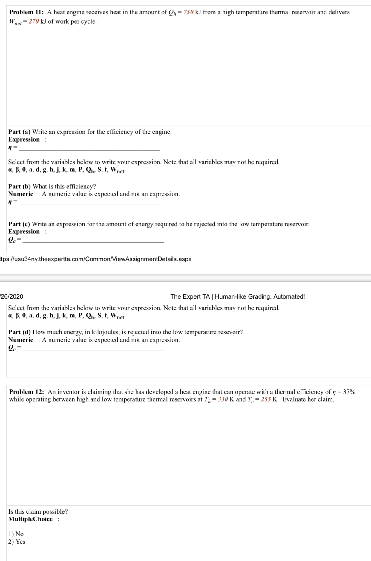 Answered: Problem 11: A heat engine receives heat… | bartleby