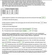 The Stanford University Heart Transplant Study (1974) was conducted to determine whether an
experimental heart transplant program increased lifespan. Each patient entering the program was
designated an official heart transplant candidate, meaning that he was gravely ill and would most likely
benefit from a new heart. Some patients got a transplant and some did not. Of the 34 patients in the
control group, 4 were alive at the end of the study. Of the 69 patients in the treatment group, 24 were
alive. The contingency table below summarizes these results.
Control Treatment
Total
Alive
4
24
28
Dead
30
45
75
Total
34
69
103
a) What proportion of patients in the treatment group were still alive at the end of the study? .348 v
o (Round to three decimal places.)
b) What proportion of patients in the control group were still alive at the end of the study? .118
(Round
to three decimal places.)
c) What are the claims being tested?
Ho: The experimental heart transplant program does not increase V
o lifespan.
HA: The experimental heart transplant program increases
o lifespan.
d) One approach for investigating whether or not the treatment is effective is to use a randomization
technique. The paragraph below describes the set up for such approach, if we were to do it without using
statistical software. Fill in the blanks with a number or phrase, whichever is appropriate.
We write alive on 28
o cards representing patients who were alive at the end of the study, and
dead on 75
o cards representing patients who were not. Then, we shuffle these cards and split
them into two groups: one group of size 69
V o representing treatment, and another group of size
34
o representing control. We calculate the difference between the proportion of "alive" cards in
the treatment and control groups (treatment - control) and record this value. We complete this process 100
times to build a distribution centered at
Lastly, we calculate the fraction of simulations where the
simulated differences in proportions are even more favorable to the alternative hypothesis than
the difference in proportions from the original sample. If this fraction is low, we conclude that it is unlikely
to have observed such an outcome by chance and that the null hypothesis should be rejected in favor of
the alternative.
