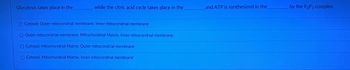 Glycolysis takes place in the
while the citric acid cycle takes place in the
O Cytosol; Outer mitocondrial membrane; Inner mitocondrial membrane
Outer mitocondrial membrane: Mitochondrial Matrix; Inner mitocondrial membrane
O Cytosol; Mitochondrial Matrix; Outer mitocondrial membrane
Cytosol; Mitochondrial Matrix; Inner mitocondrial membrane
and ATP is synthesized in the
by the FoF₁ complex.