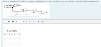 What are the binary values of C, D, E, F, and G for all possible combinations of A and B? Draw a truth table to show the results by filling in the given table template in the answer section.
A
B
Į
A- 6 B I
Truth Table
A B CD E F
$$