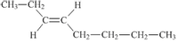 The image represents the structural formula of a hydrocarbon molecule. It shows a carbon-carbon double bond (C=C) at the center of the molecule. Here's a detailed description:

- The structure starts with an ethyl group: CH₃—CH₂—.
- This is bonded to a carbon participating in a double bond (C=C) with another carbon.
- The first carbon of the double bond also has a hydrogen atom attached.
- The second carbon of the double bond is connected to:
  - A hydrogen atom.
  - An n-butyl group: CH₂—CH₂—CH₂—CH₃, branching out at the end.

This molecule is a type of alkene due to the presence of the carbon-carbon double bond. The presence of both ethyl and n-butyl groups on either side of the double bond influences the chemical properties and potential reactivity of the molecule.