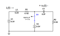 İL(t) →
L1
+ Vc(t) -
C1
R1
0.2H
0.12
S1
0.2F
opens at
t = 0s
V1
R2
-0.3V
0.30
v2
0.2V
