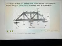 Compute the reactions and member forces for the two-span continuous truss
shown in the figure. Circled figures are member areas, in square inches.
40 k
U1
4
U2
U3
(4)
20 ft
L4 1
HA
L3
LI
L2
30 k
30 k
Vc
VB
VA
4 at 25 ft = 100 ft
%3D
Technology Druven by Innovation
PEU DILIMAN
FEU TECH
FEU ALABANG
What is the Vertical Reaction at B in kips? [add negative (-) sign if answer is to the left / downwards]
