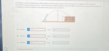 In the figure, a stone is projected at a cliff of heighth with an initial speed of 41.0 m/s directed at an angle 80 69.0° above the
horizontal. The stone strikes at A, 5.07 s after launching. Find (a) the height h of the cliff, (b) the speed of the stone just before impact at
A, and (c) the maximum height H reached above the ground. Use g-9.80 m/s².
(a) Number 1 777
(b) Number i 41
(c) Number i 48.3
eTextbook and Media
Units
Units
4
Units
m/s
WIE IN
111
111
ab CHP P