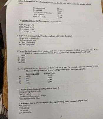 Salem Company has the following costs information for June where production volume is 2,000
units:
7. The variable cost and fixed cost per unit respectively are:
A) $8.75 and $1.50.
B) $8.75 and $0.25.
C) $4.25 and $3.00.
D) $8.50 and $12.00.
B) fixed cost per unit.
C) total variable cost.
D) total cost per unit.
A) 1,000
B) 1,800
Direct materials
Direct labor
8. If production changes to 2.200 units, which cost will remain the same?
A) variable cost per unit.
C) 3,200
D) 2,600
Straight-line depreciation
Rent expenses
other fixed costs
9.The production budget shows expected unit sales of 16,000. Beginning finished goods units are 1,800.
Required production units are 16,800. What are the desired ending finished goods units?
A)
B)
D)
10. The production budget shows expected unit sales are 50,000. The required production units are 52,000.
What are the beginning and desired ending finished goods units, respectively?
Ending Units
2,000
5,000
$8,500
$9,000
5800
Beginning Units
5,000
3.000
$1,200
$1,000
3,000
5,000
5,000
2,000
C) Manufacturing overhead budget
D) Budgeted balance sheet
11. Which of the following is not a financial budget?
A) Capital expenditure budget
B) Cash budget
12. A manager that is establishing objectives is performing which management function?
A) Controlling
B) Directing
C) Planning
D) Constraining