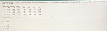 A company is considering an iron ore extraction project that requires an initial investment of $1,500,000 and will yield annual cash inflows of $557,621 for four years. The company's discount rate
is 9%. Calculate IRR.
Present value of ordinary annuity of $1:
1
2
3
4
10% 12% 14%
0.909 0.893 0.877
1.736 1.690 1.647
2.487 2.402 2.322
3.170 3.037 2.914 2.855 2.798
OA. 16%
OB. 18%
O C. 17%
OD. 20%
15% 16% 18% 20%
0.870 0.862 0.847 0.833
1.626 1.605 1.566
1.528
2.283 2.246 2.174 2.106
2.690 2.589