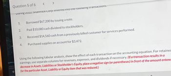 Question 5 of 6 <
During Zuzz, namrock Corp. entered into the following transactions.
Borrowed $67,200 by issuing a note.
Paid $10,080 cash dividend to stockholders.
Received $14,560 cash from a previously billed customer for services performed.
4. Purchased supplies on account for $3,472.
1.
2.
3.
Using the following tabular analysis, show the effect of each transaction on the accounting equation. For retained
earnings, use separate columns for revenues, expenses, and dividends if necessary. (If a transaction results in a
decrease in Assets, Liabilities or Stockholder's Equity, place a negative sign (or parentheses) in front of the amount entere
for the particular Asset, Liability or Equity item that was reduced.)