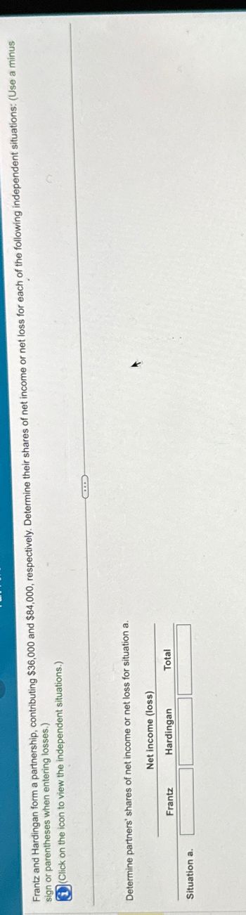 Frantz and Hardingan form a partnership,
sign or parentheses when entering losses.)
(Click on the icon to view the independent
contributing $36,000 and $84,000, respectively. Determine their shares of net income or net loss for each of the following independent situations: (Use a minus
situations.)
Determine partners' shares of net income or net loss for situation a.
Net income (loss)
Hardingan
Situation a.
Frantz
Total