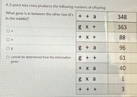 A 3-point test cross produces the following numbers of offspring:
What gene is in between the other two (it's
in the middle)?
+ + a
348
g x +
363
O x
+ X +
88
O a
g + a
96
O cannot be determined from the information
g + +
61
given
+ X a
40
g x a
1
+ + +
