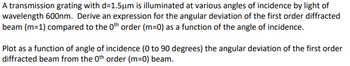 A transmission grating with d=1.5μm is illuminated at various angles of incidence by light of
wavelength 600nm. Derive an expression for the angular deviation of the first order diffracted
beam (m=1) compared to the 0th order (m=0) as a function of the angle of incidence.
Plot as a function of angle of incidence (0 to 90 degrees) the angular deviation of the first order
diffracted beam from the 0th order (m=0) beam.