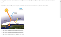 Question: Take a moment to observe the image below. Why does the ocean's surface absorb more of the Sun's energy than the atmosphere or
the ice?
Image 1: Albedo of surfaces: The percent absorption and reflection of the Sun's electromagnetic energy by different surfaces on Earth.
|AMAP
Arctic Monitoring and
Assessment Programme
Sun
Reflected by
atmosphere
and clouds
23%
23%
Absorbed
54%
Reflected by
ice/snow
Reflected
by water
85%
15%
Absorbed
7%
93%
Absorbed
The ocean is lighter in color so it will absorb more energy
The ocean is darker in color so it will absorb more energy
The ocean is greater in extent so it will absorb more energy
