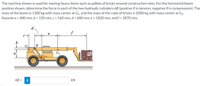 The machine shown is used for moving heavy items such as pallets of bricks around construction sites. For the horizontal boom
position shown, determine the force in each of the two hydraulic cylinders AB (positive if in tension, negative if in compression). The
mass of the boom is 1300 kg with mass center at G1, and the mass of the cube of bricks is 2000 kg with mass center at G2.
Assume a = 680 mm, b = 150 mm, c = 560 mm, d = 680 mm, e = 1820 mm, and f = 2870 mm.
f
B
a
G1
AB =
i
kN
