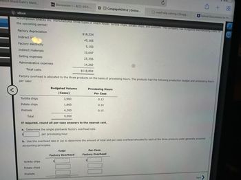 Watch Roald Dahl's Matil...
<
Factory depreciation
Indirect labor
Factory electricity
Indirect materials
Selling expenses
eBook
Scrumptious Snacks Inc. manufactures three types of snack foods: tortilla chips, potato chips, and pretzels. The company has budgeted the following costs for
the upcoming period:
?
Tortilla chips
Potato chips
Pretzels
Total
DAL Discussion 1- ACC-202-... XC CengageNOWv2 | Online...
Administrative expenses
Total costs
Factory overhead is allocated to the three products on the basis of processing hours. The products had the following production budget and processing hours
per case:
Tortilla chips.
Potato chips
Budgeted Volume
Pretzels
(Cases)
3,900
1,800
4,200
9,900
$18,224
45,165
5,150
10,697
25,356
14,262
$118,854
Total
Processing Hours
Per Case
If required, round all per-case answers to the nearest cent.
a. Determine the single plantwide factory overhead rate.
per processing hour
Factory Overhead
0.12
0.10
0.15.
b. Use the overhead rate in (a) to determine the amount of total and per-case overhead allocated to each of the three products under generally accepted
accounting principles.
need help solving | Chegg...
Per-Case
Factory Overhead
Upload Documents for Fr...
+
Next