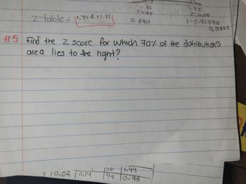1.75
2- Score
0.8401
1-0-9599=
2-table = 11.75 +1.75
€
0.0401
#5 Find the 2 score for which 70% of the distribution's
are a lies to the right?
156 1.44
7 10.02 0.14
49
7-1.75
Zscace
0.98